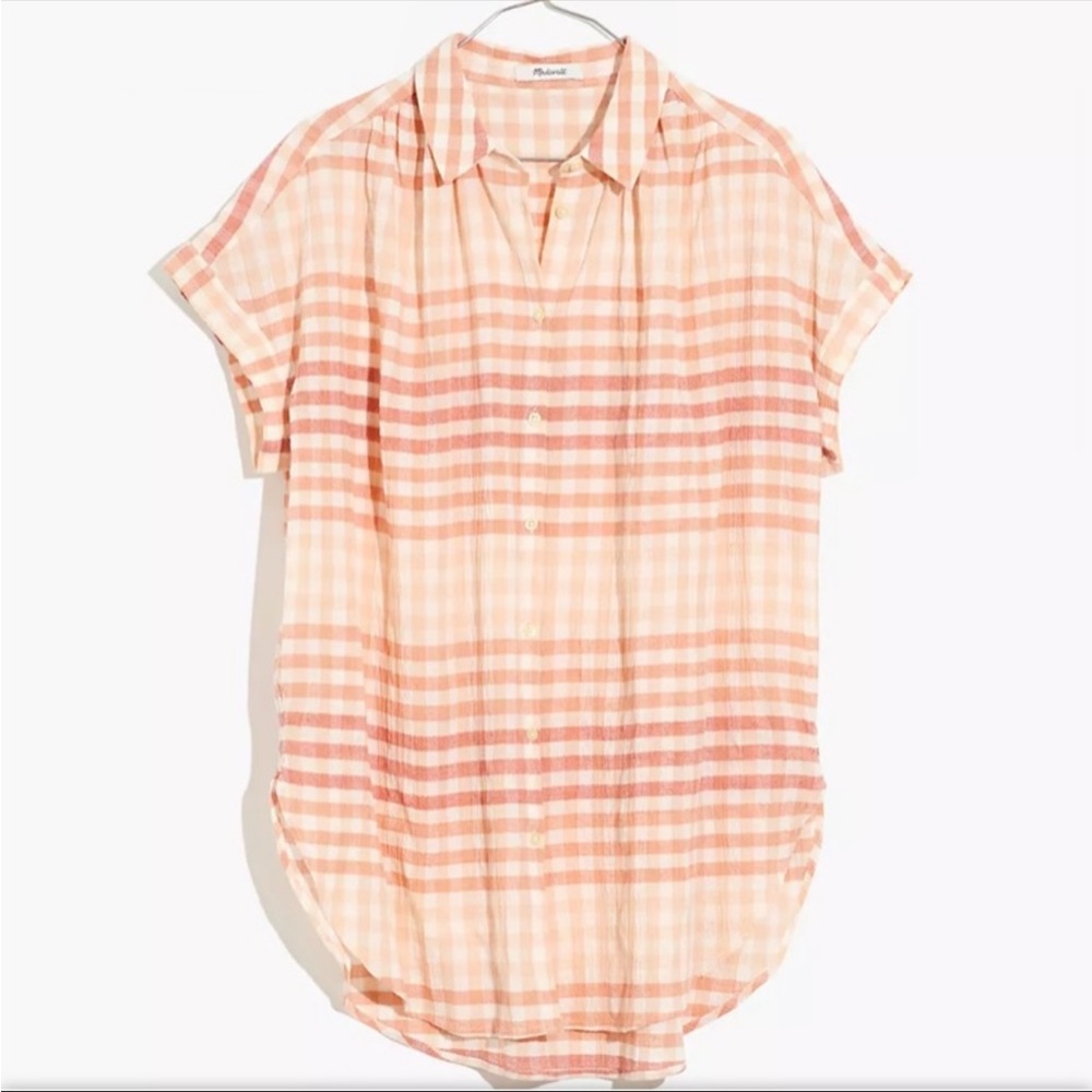 Madewell Central Tunic Short Sleeve Button Down Shirt in Ombré Gingham Check